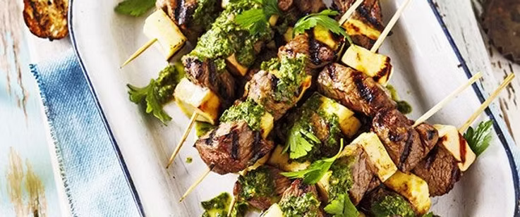 Beef and Haloumi skewers with chimichurri sauce