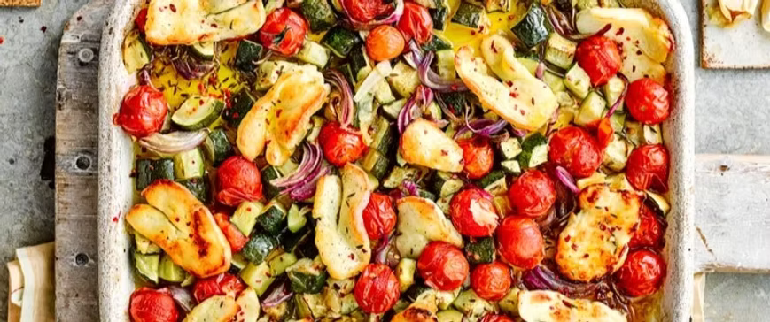 HALLOUMI AND MEDITERRANEAN VEG TRAY BAKE
