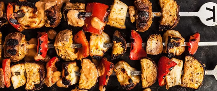 HALLOUMI, TOMATO AND AUBERGINE SKEWERS